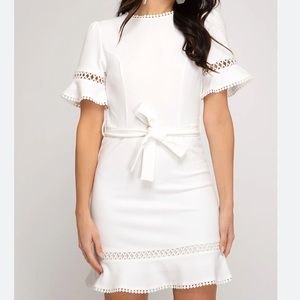 White lace dress with front tie